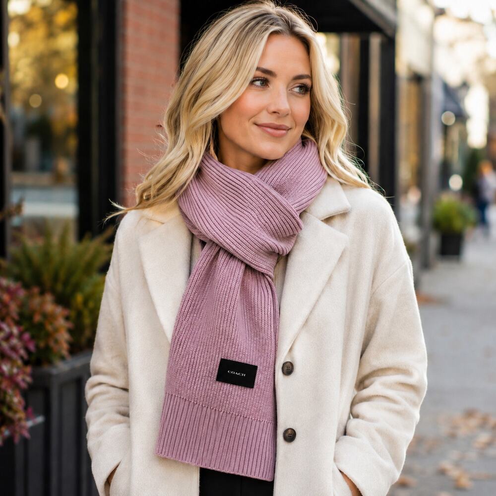 Coach Woven Patch Knit Scarf Mauve Pink Color NWT